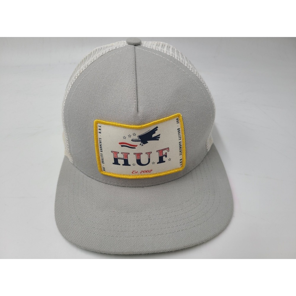 Huf Est 2002 Patch Mesh Trucker Snapback Hat Cap Skateboard Skate Men Gray White